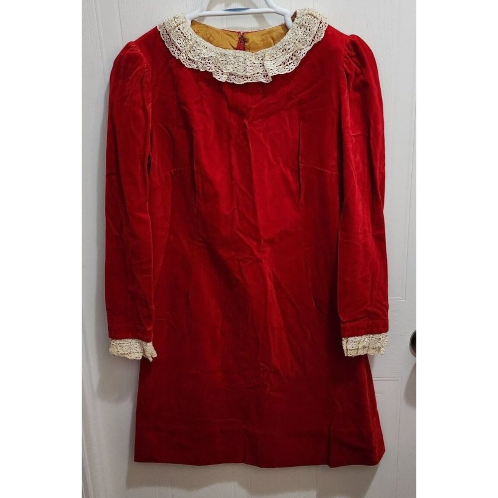 Vtg (50s?) Womens Long Sleeve Shift Dress Red Velvet Off White Crochet Trim Sz M